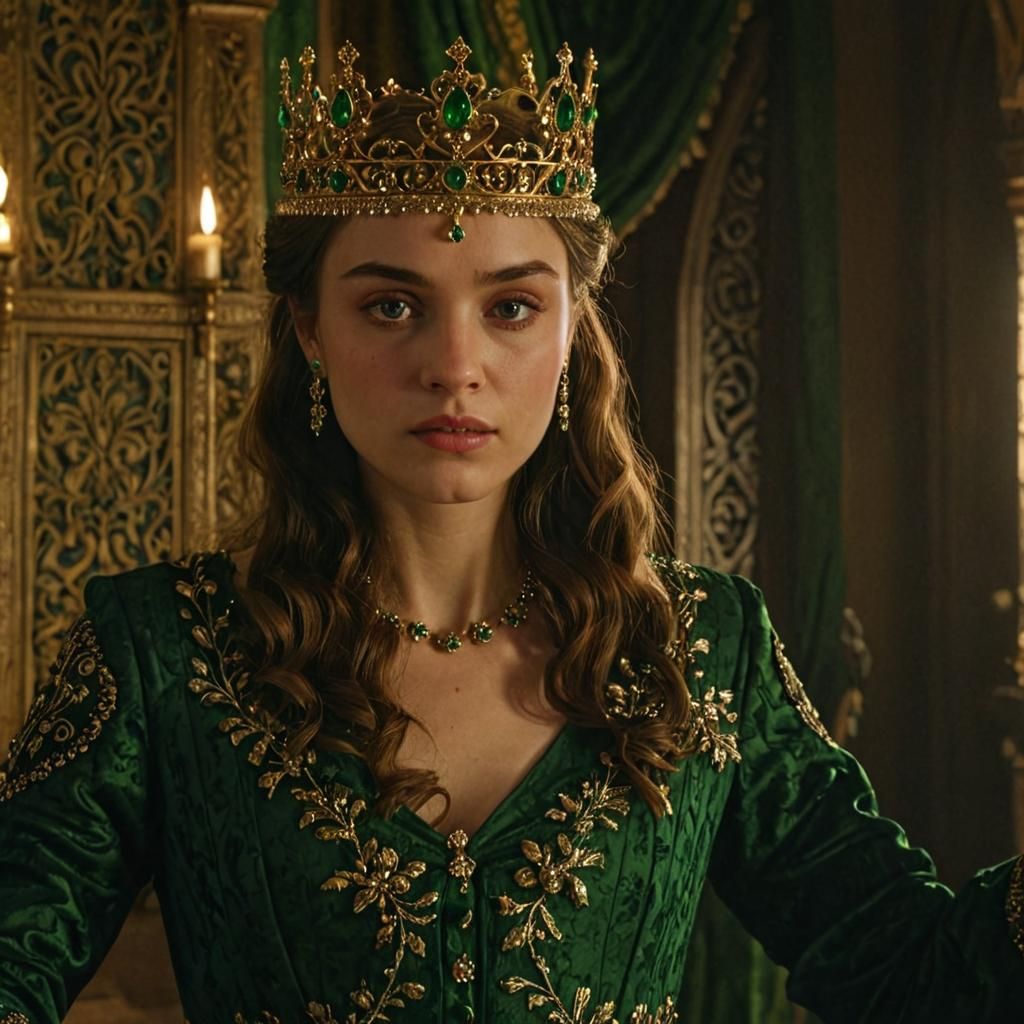 Regal Queen in Opulent Medieval Room