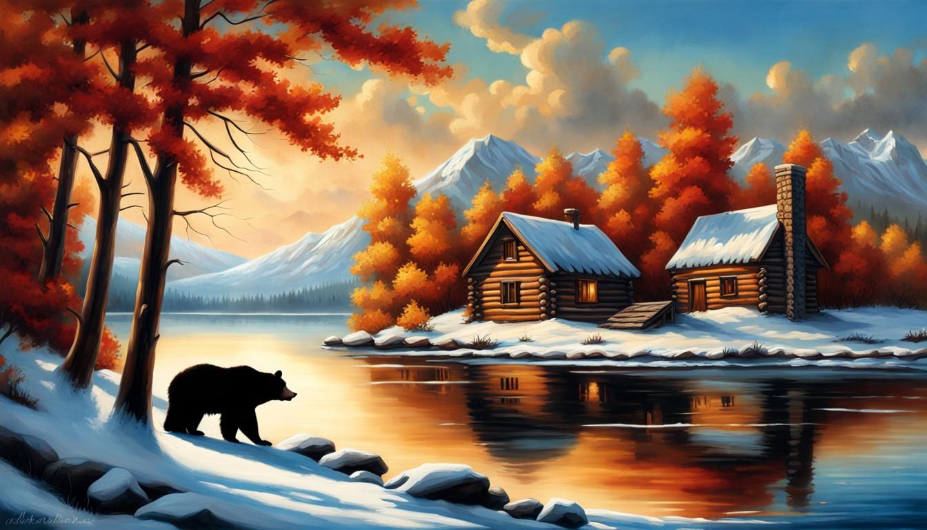 Winter Landscape with Bear, in Terry Redlin Style