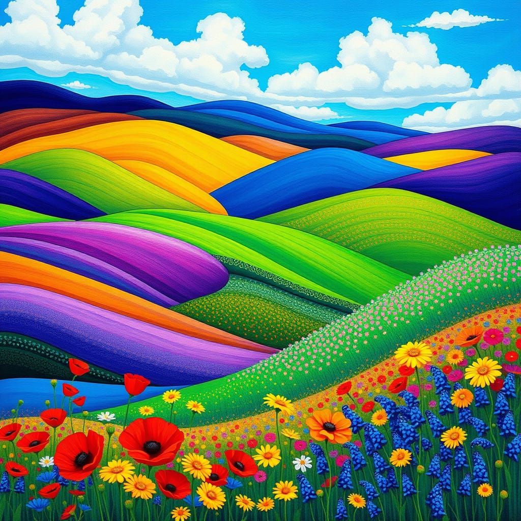 Surreal Landscape of Vibrant Wildflowers and Rolling Hills