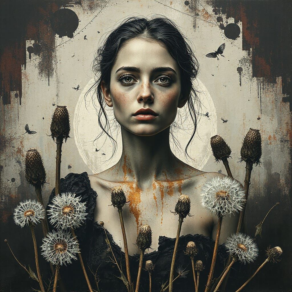 Woman with Dandelions in Grunge Fusion Style