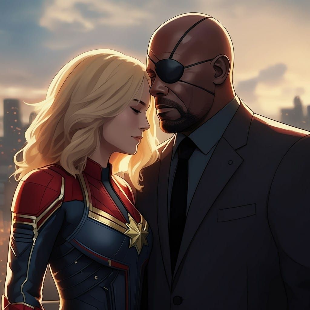 Captain Marvel leaning in to kiss Nick Fury.