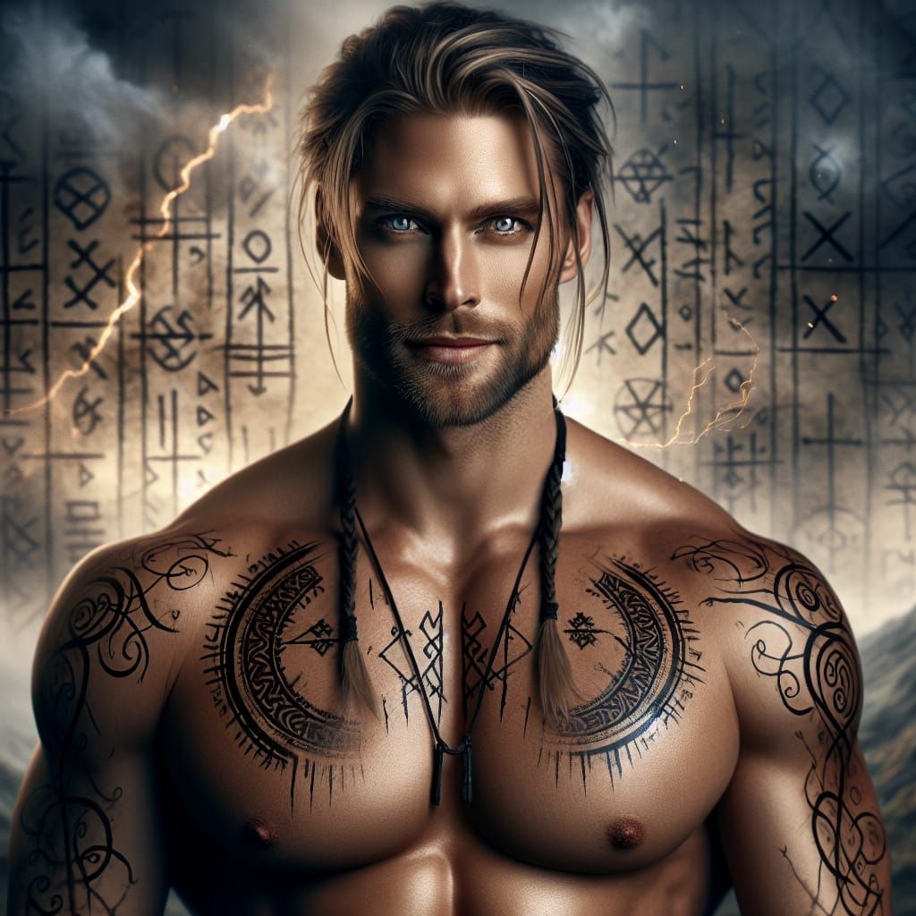 Viking Warrior with Rune Tattoos in Romantic Landscape