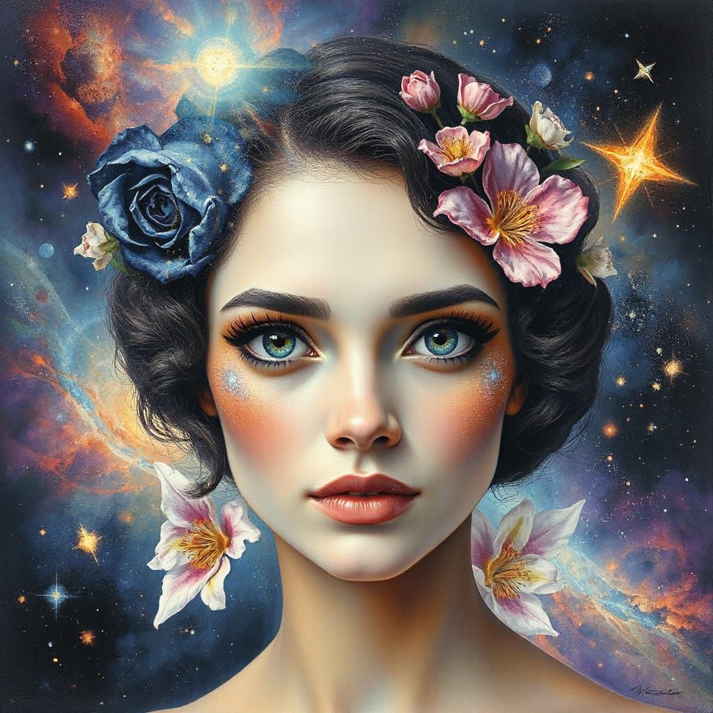 Mystical Woman Adorned with Cosmic Flowers in Watercolor