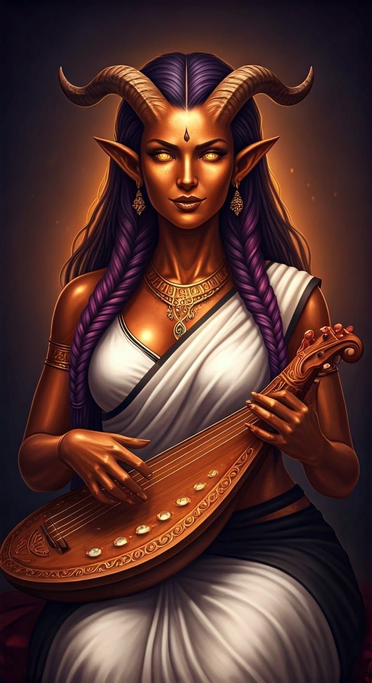 Mystical Tiefling Strums a Gemstone Harp