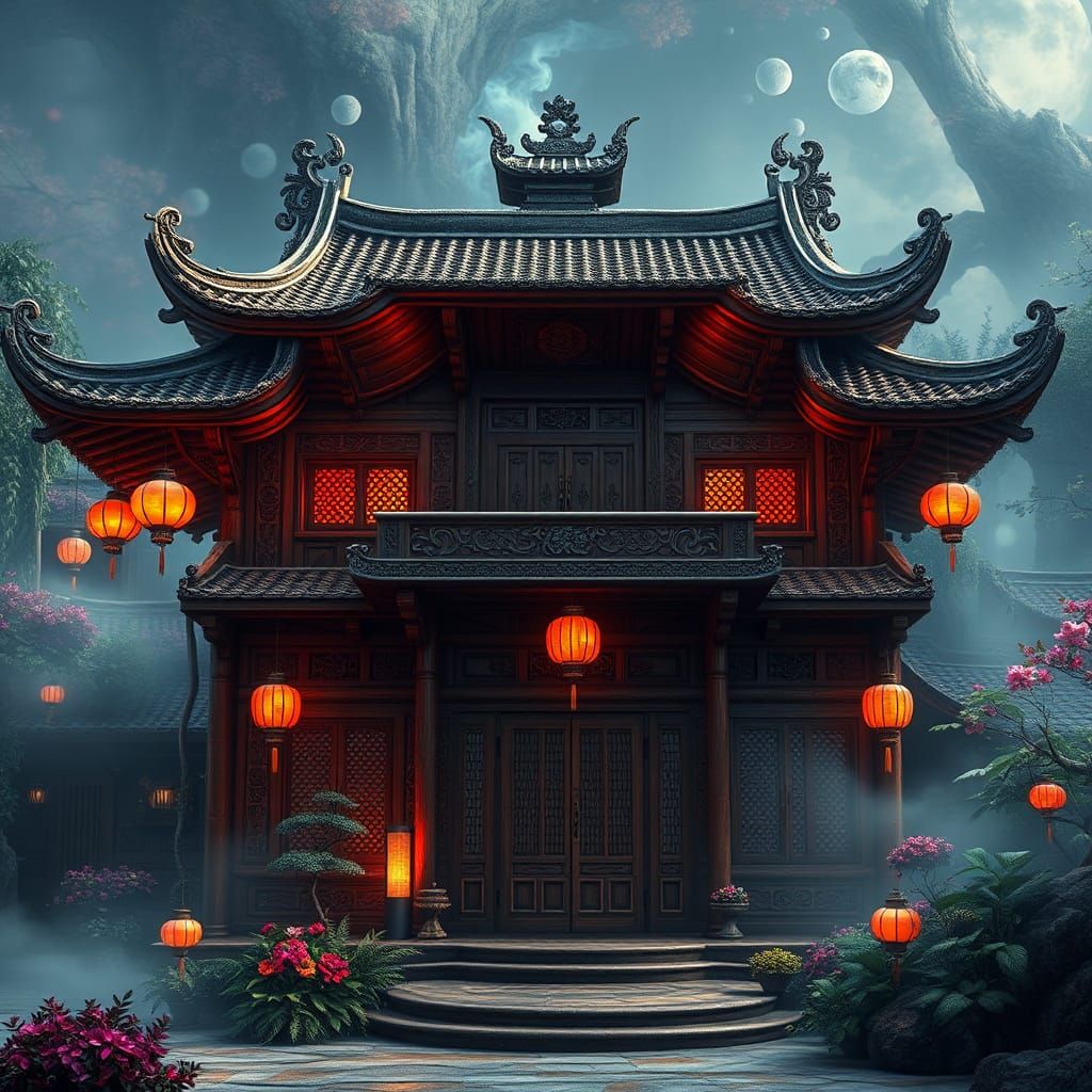 Mystical Chinese House with Intricate Carvings