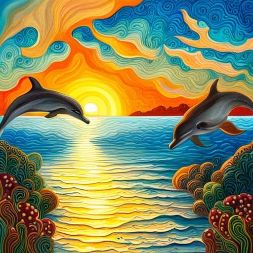 Sunrise Dolphins in Zentangle Gouache Style