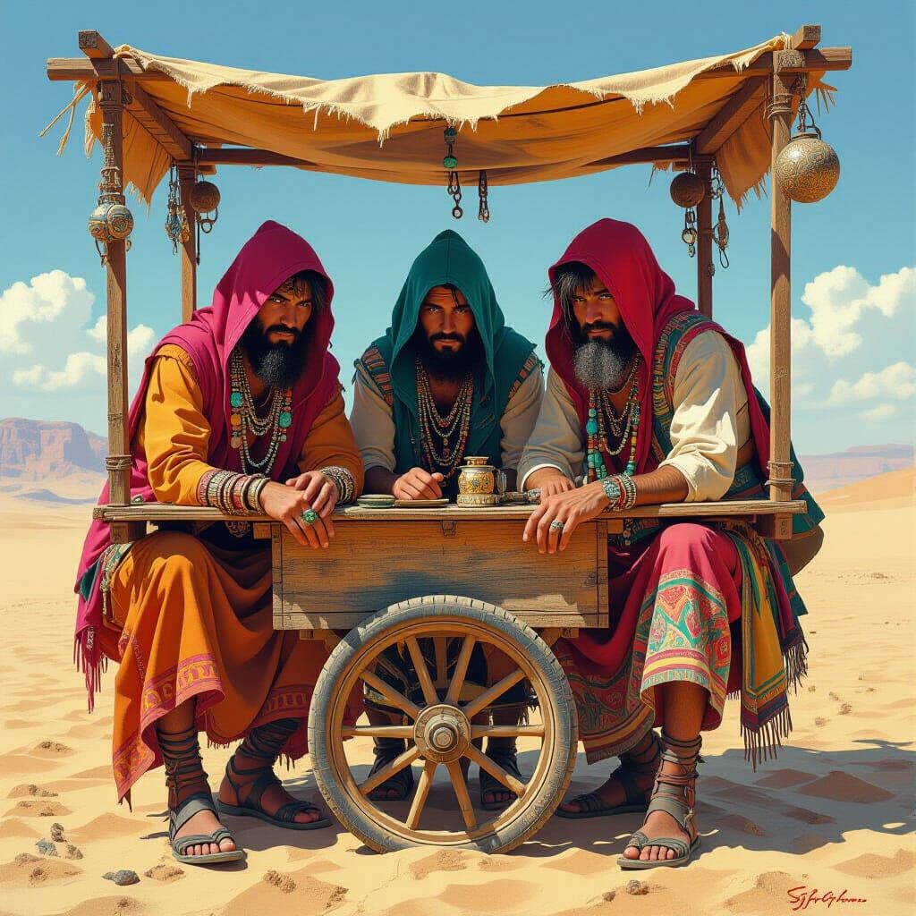 Gypsies Trading in Desert, Stylized Realism Art