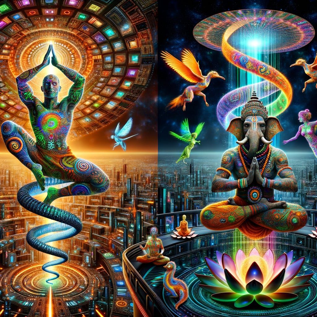 Futuristic Cityscape With Spinosaurus Hybrids and Ganesha Fi...