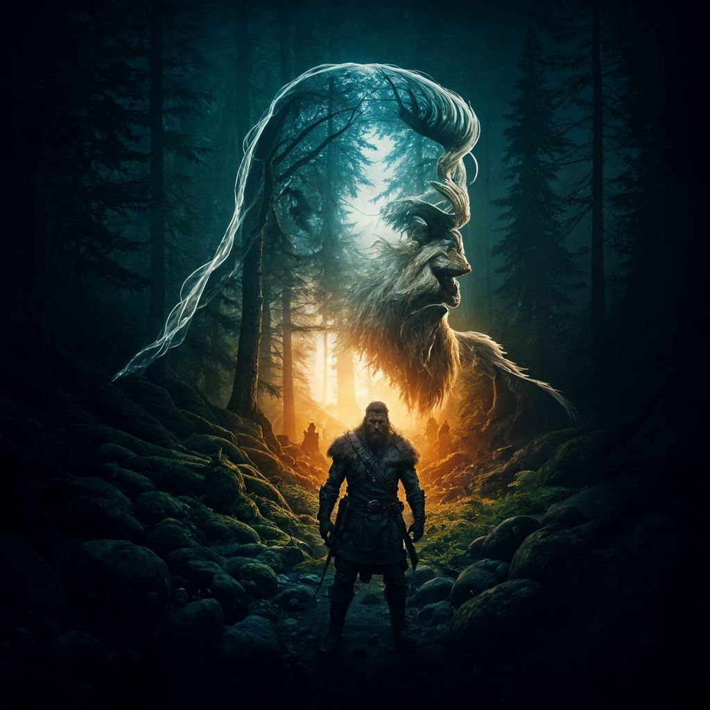 Viking Warrior in Ancient Forest, Hyperrealistic Double Expo...