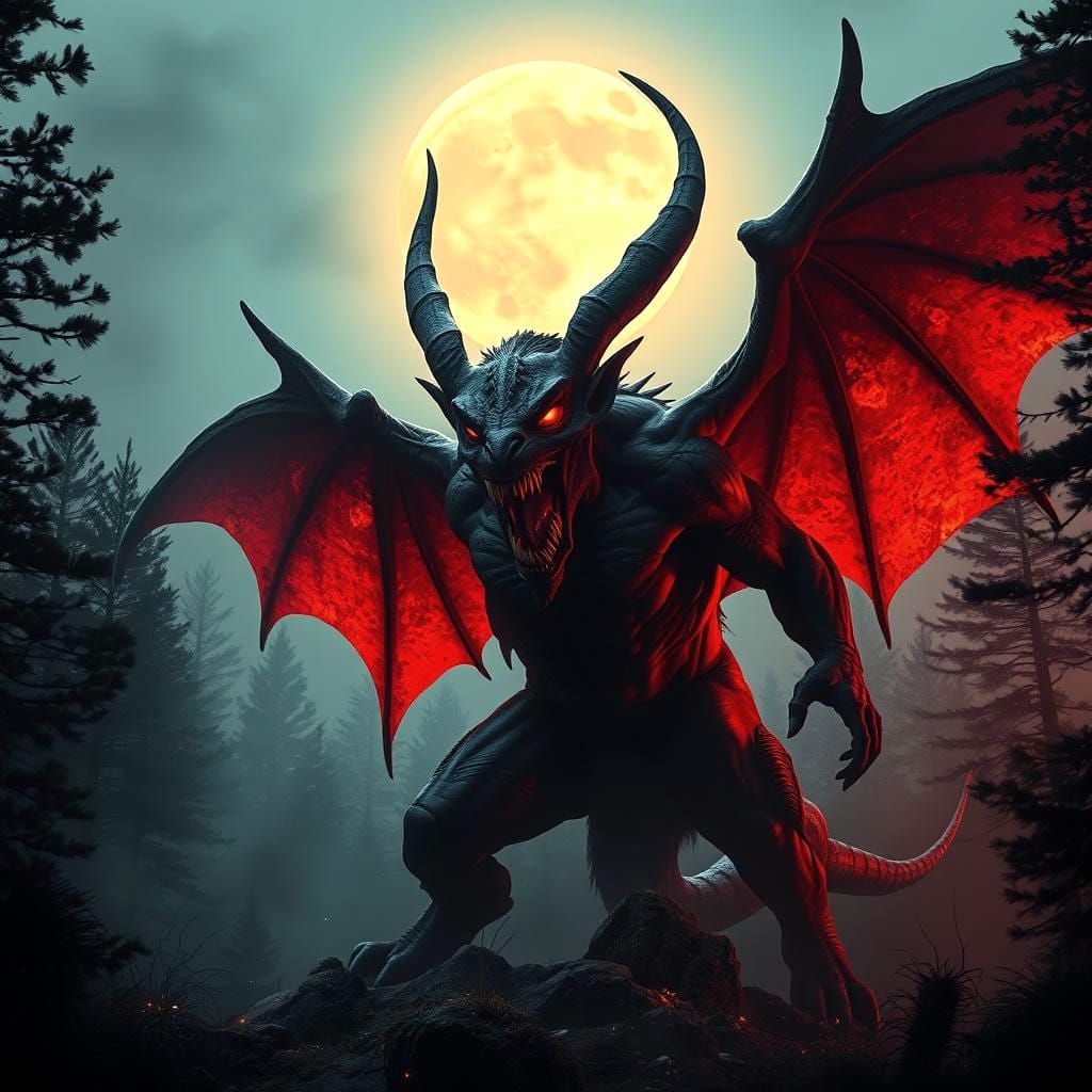 Hyperrealistic Jersey Devil in Pine Barrens Forest