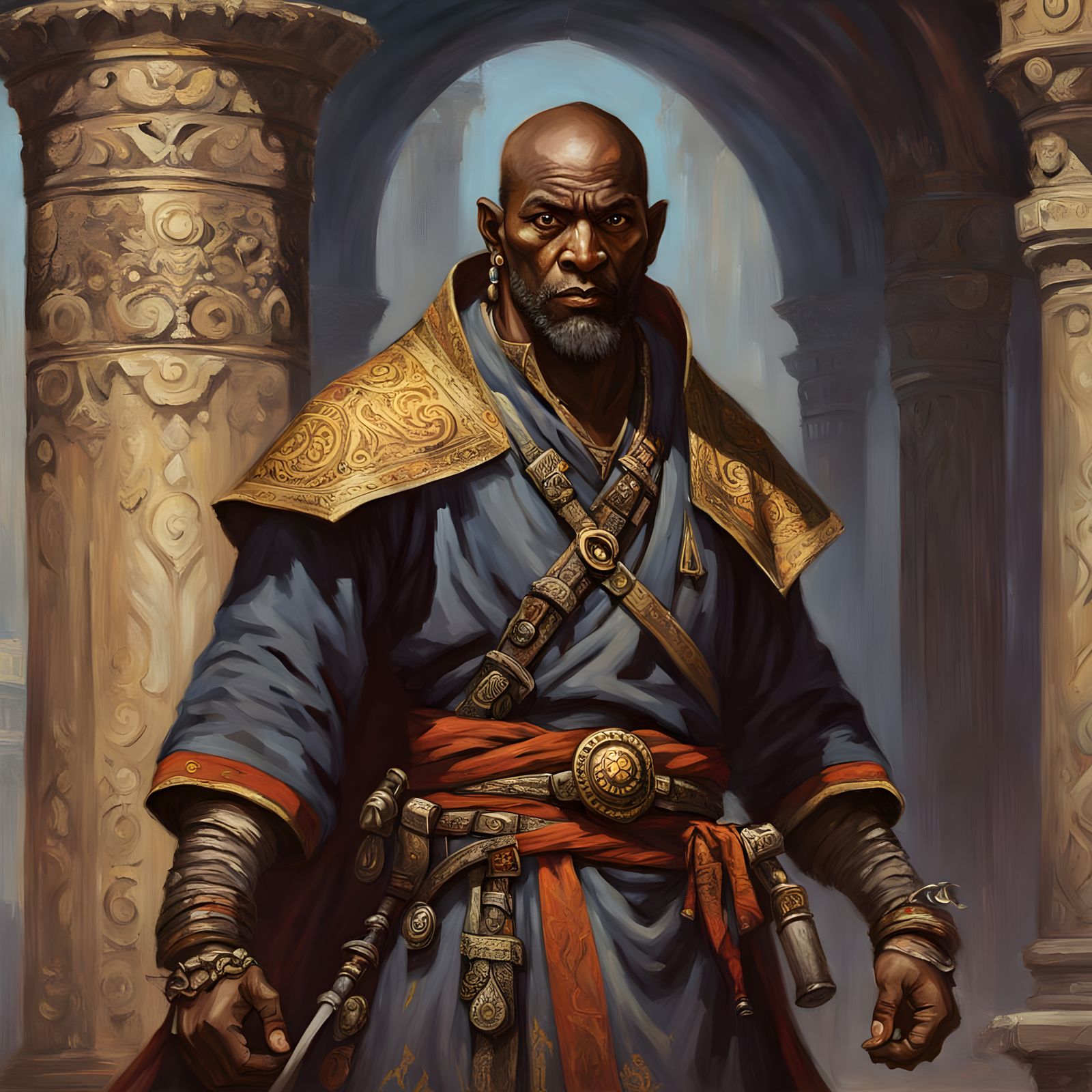 Monk Warrior with Elemental Magic in Oil Painting Style