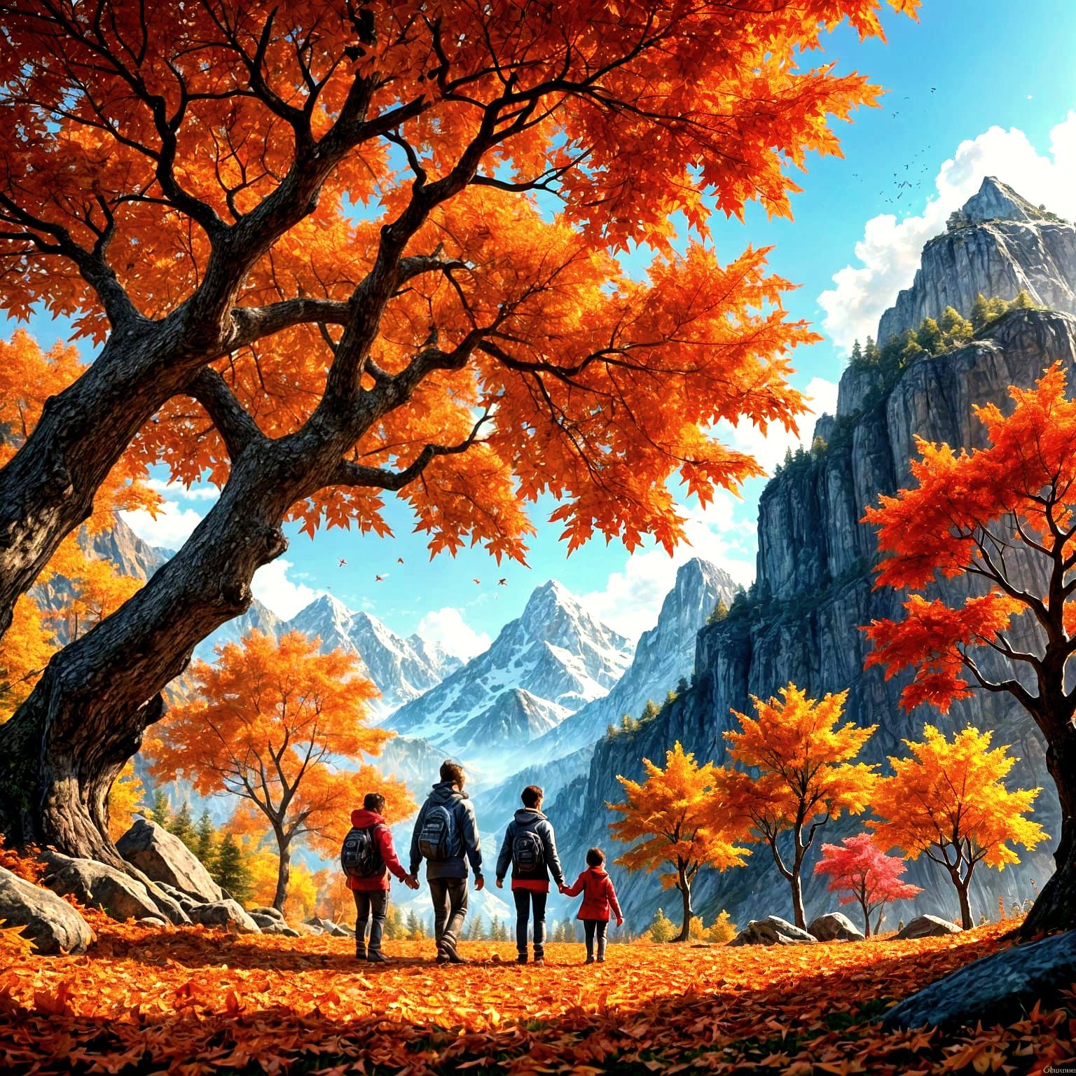 Skunk Family Playing in Red Maple Leaves, Dreamlike Mountain...