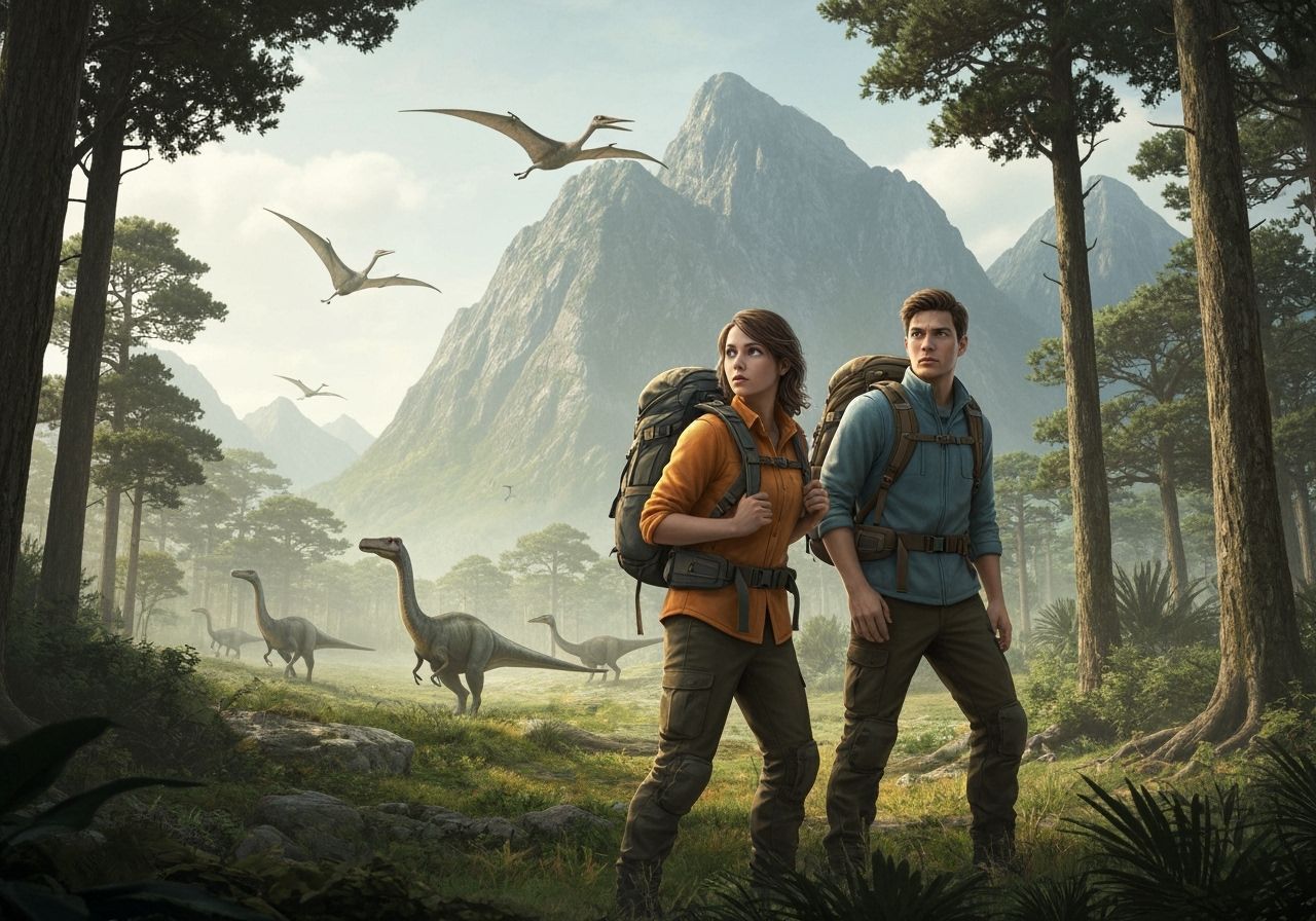 Hikers Encounter Dinosaurs in Jurassic Landscape