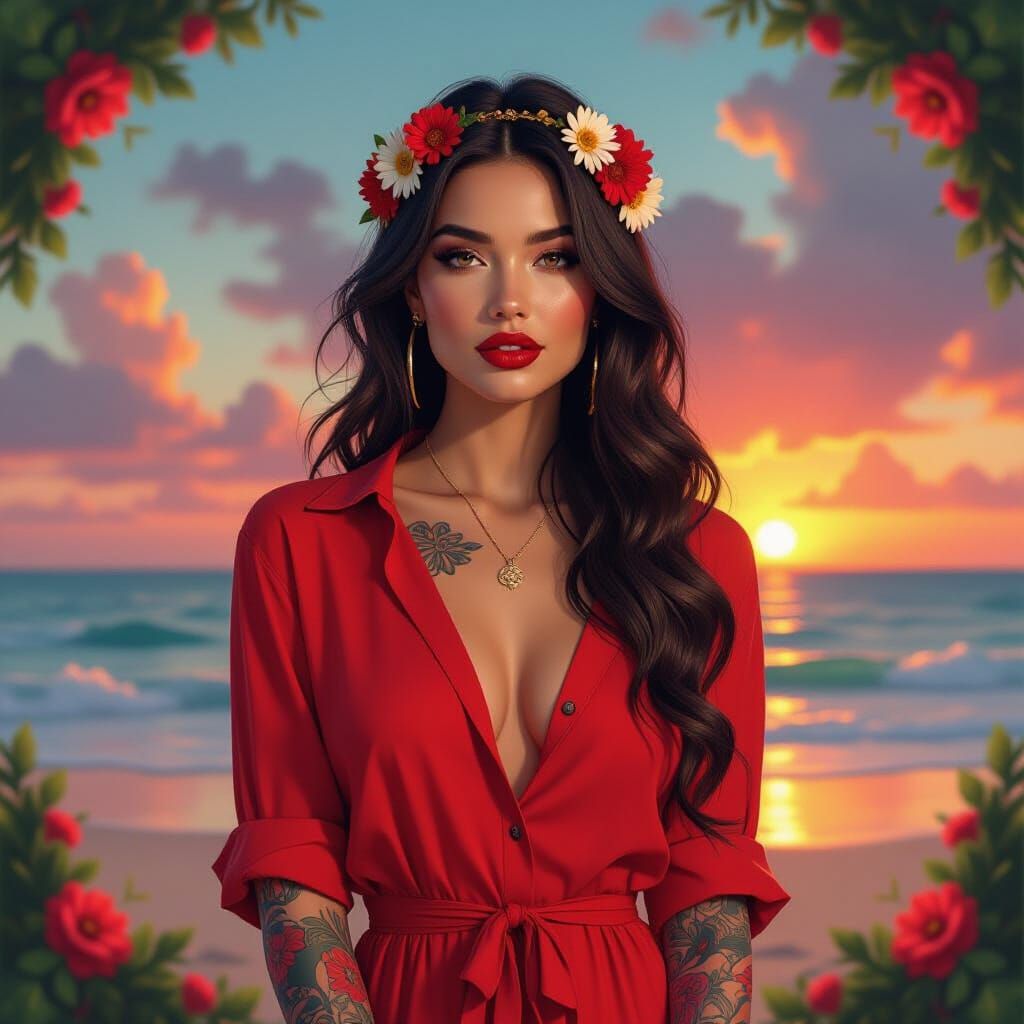 A striking woman, long, wavy dark headband with wildflowers, red lips, showcasing vibrant tattoos on her arms. She wears...