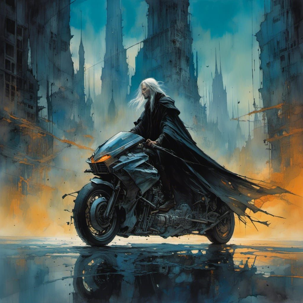 Ultra realistic and detailed picture of A wizard riding a futuristic motorcycle. 8K resolution HDR