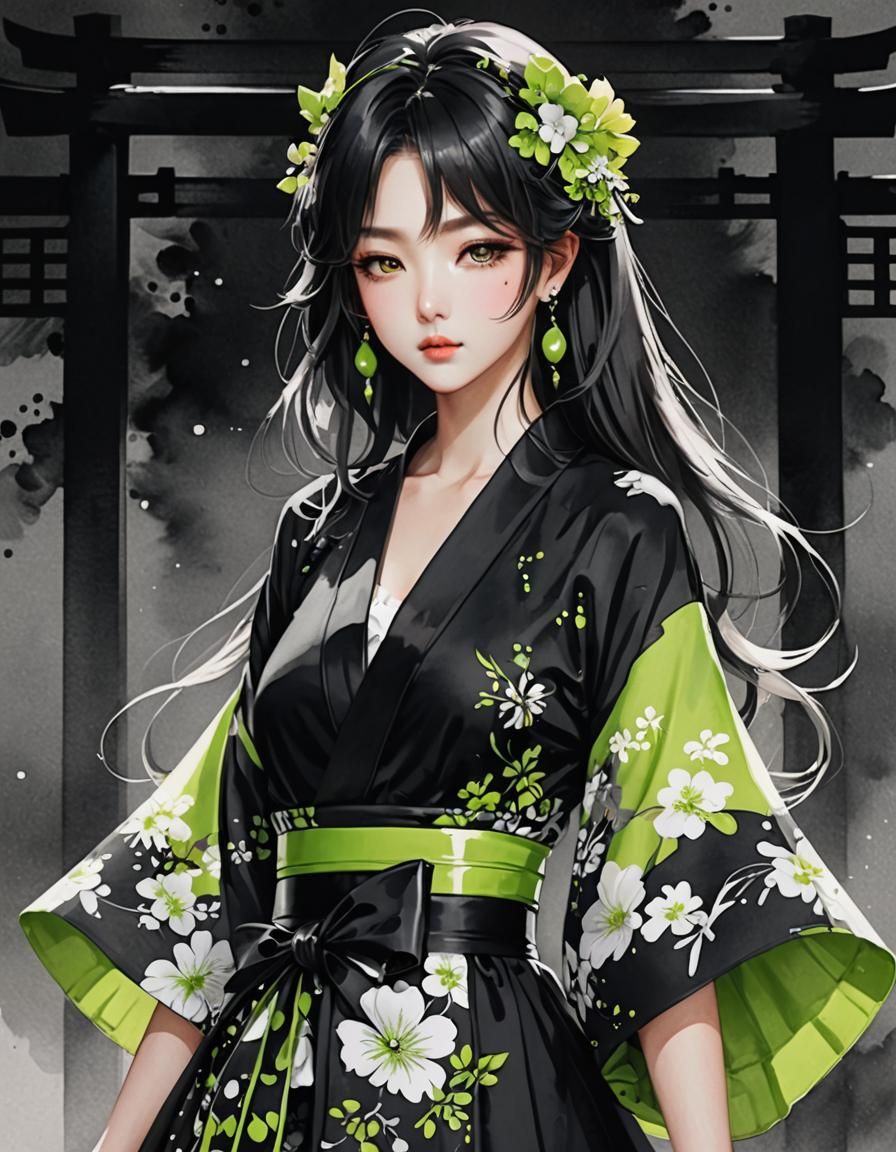 Neon Kimono: High Contrast Watercolor Anime Art