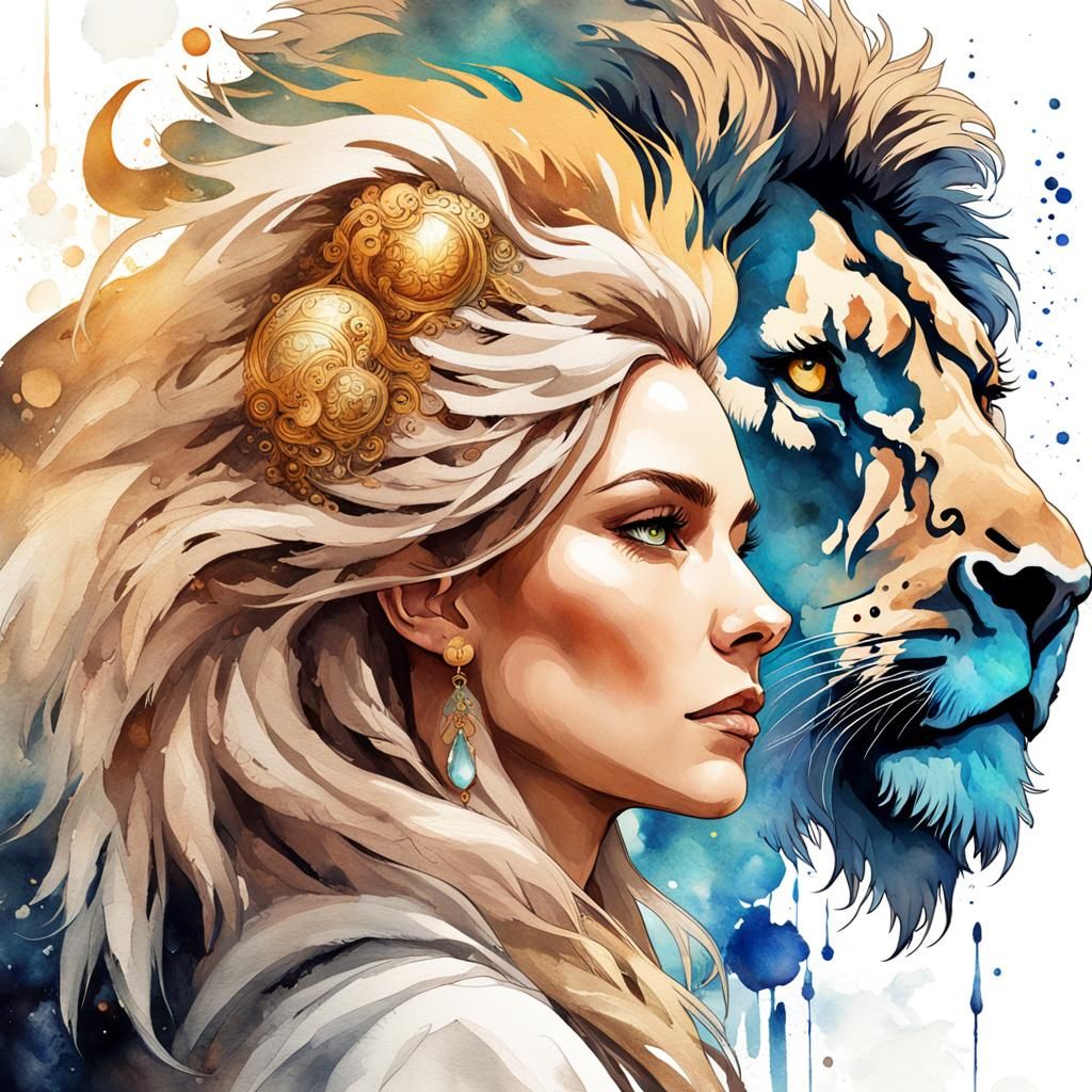 Woman and Lion Gaze in Watercolor Inkblot Art