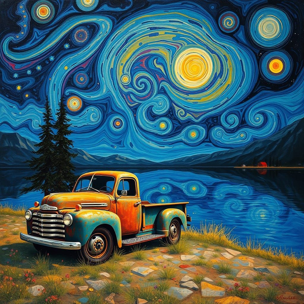 Pickup Truck Under Surreal Starry Sky