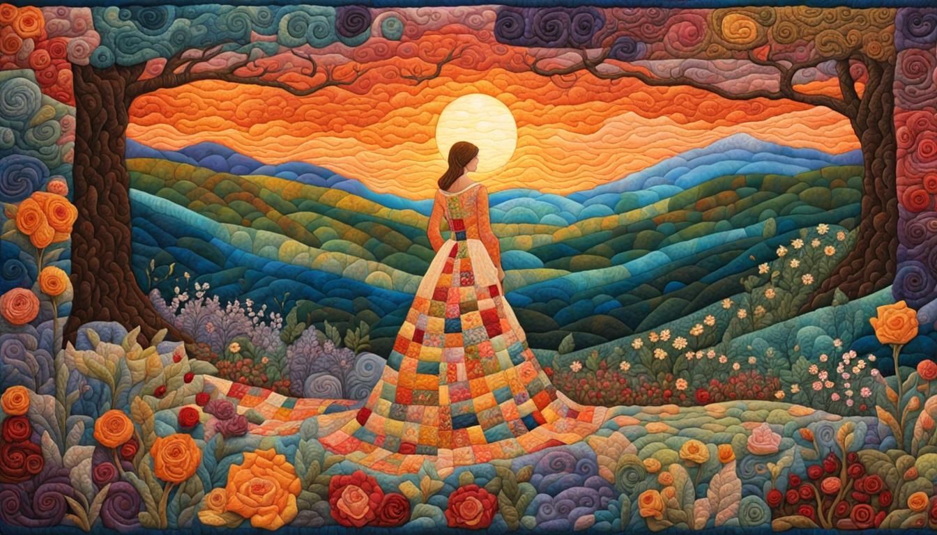 Quilted Sunset Woman in Enchanted Forest