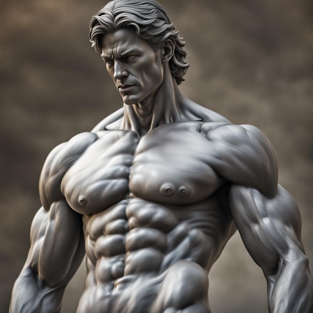 Hyperrealistic Muscular Male Statue Coming to Life