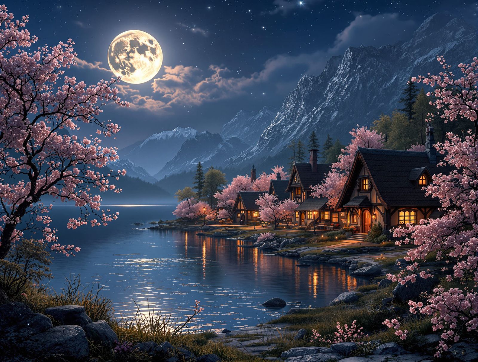 Norse Village by Moonlit Lake with Dogwood Blooms