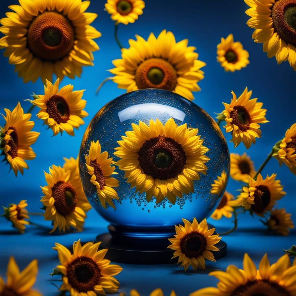 Sunflower in Glass Orb: Hyperrealistic Still Life