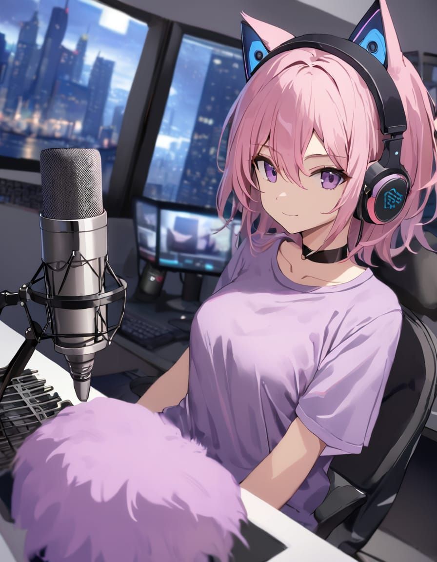 Girl in Cowboy Hat Smiles with Purple Cat Ears Headphones