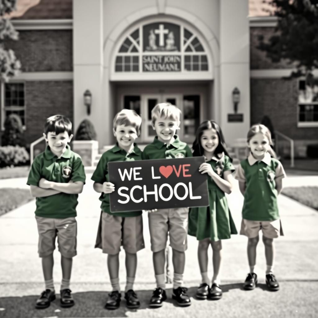 Kids standing in front of Saint John Neumann SC School weari...