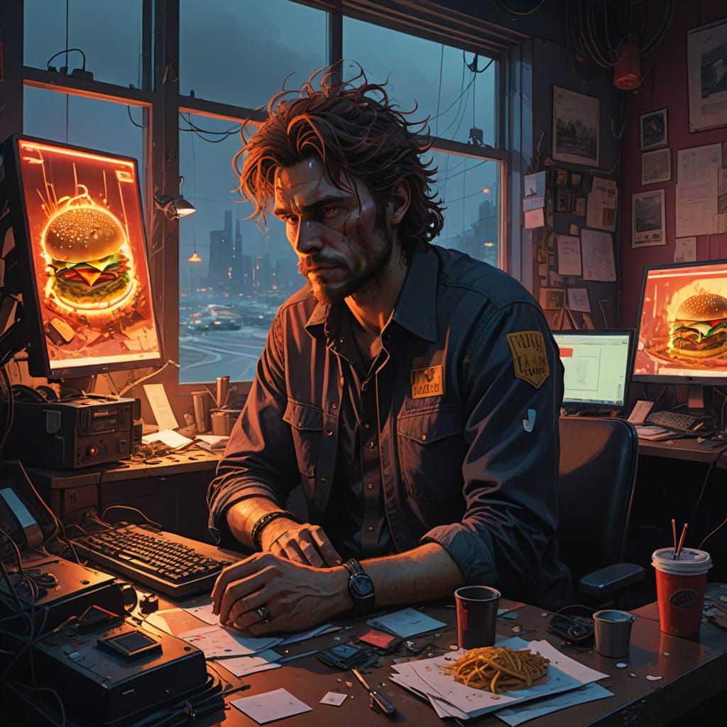 Disheveled Office Worker in Neon-Lit Futuristic Realism