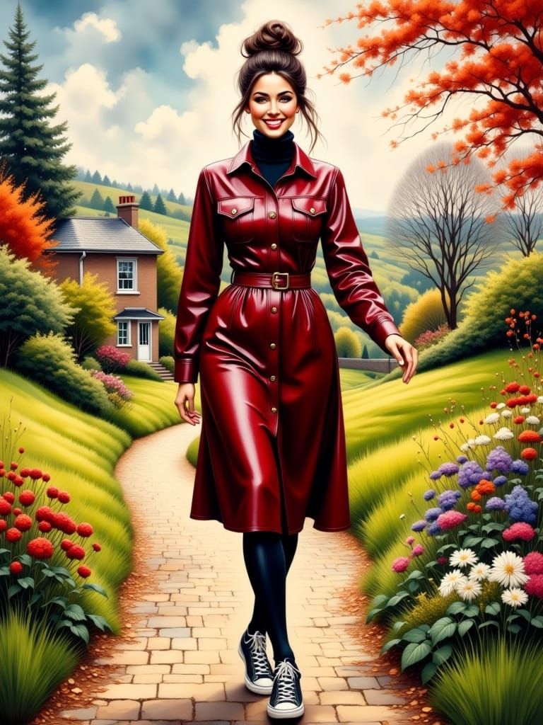 Brunette in Red Dress: Mucha, Klimt, and Szczepanik Style