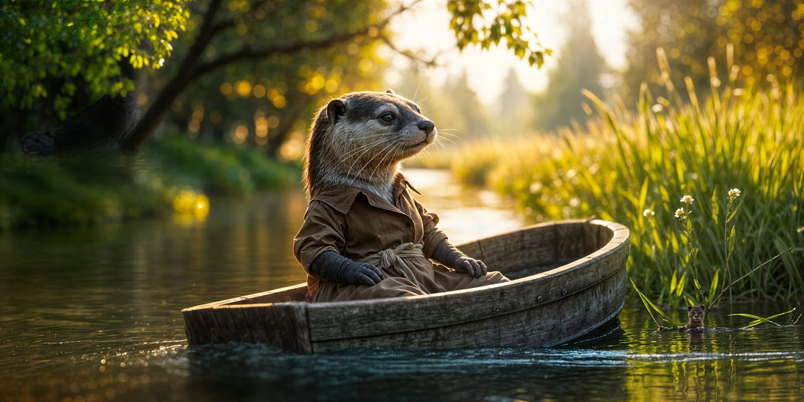 Charming Otter-Person Drifting in Sunlit Stream