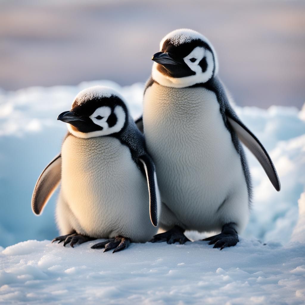 Baby Penguins Snuggling on Ice