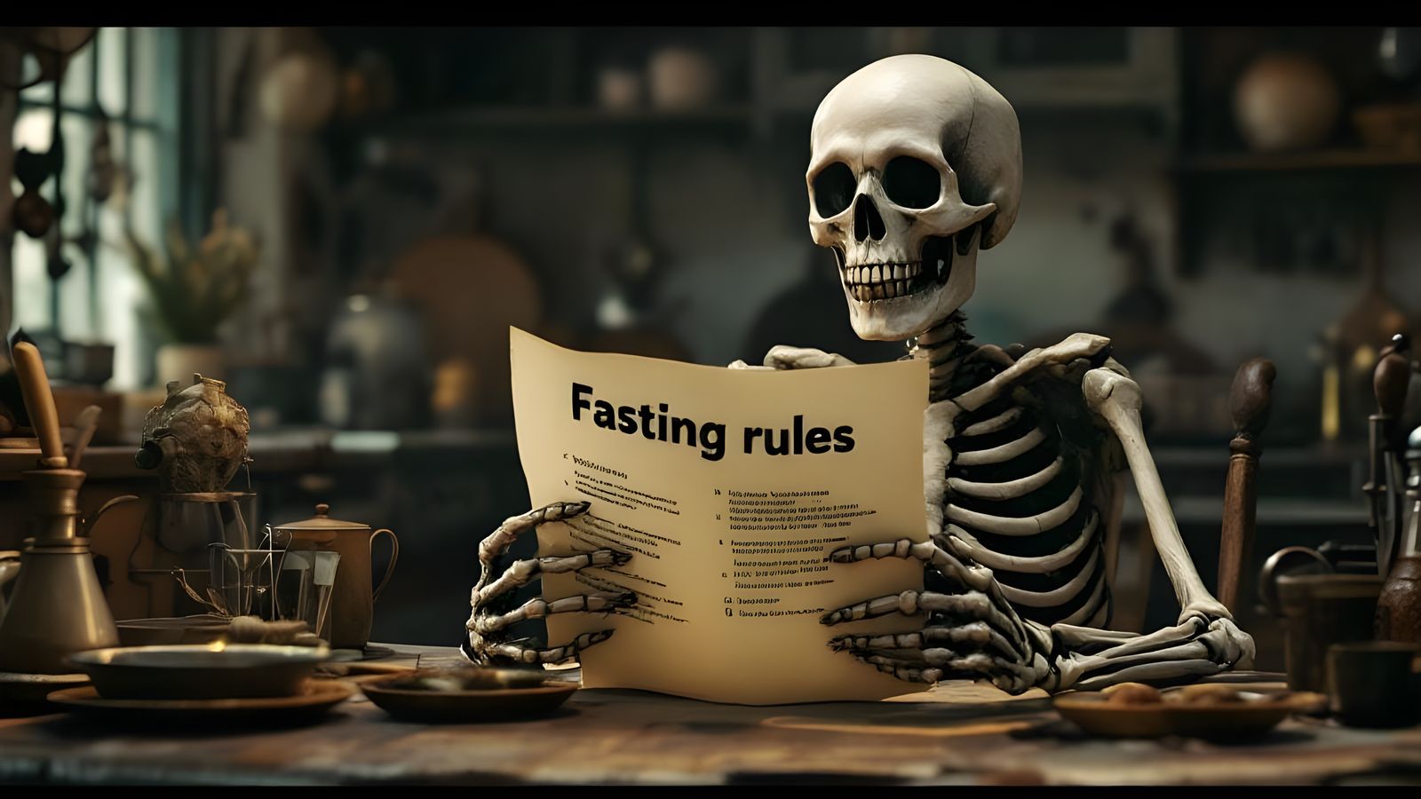 Unhappy Skeleton Reads Fasting Rules in 3D Render