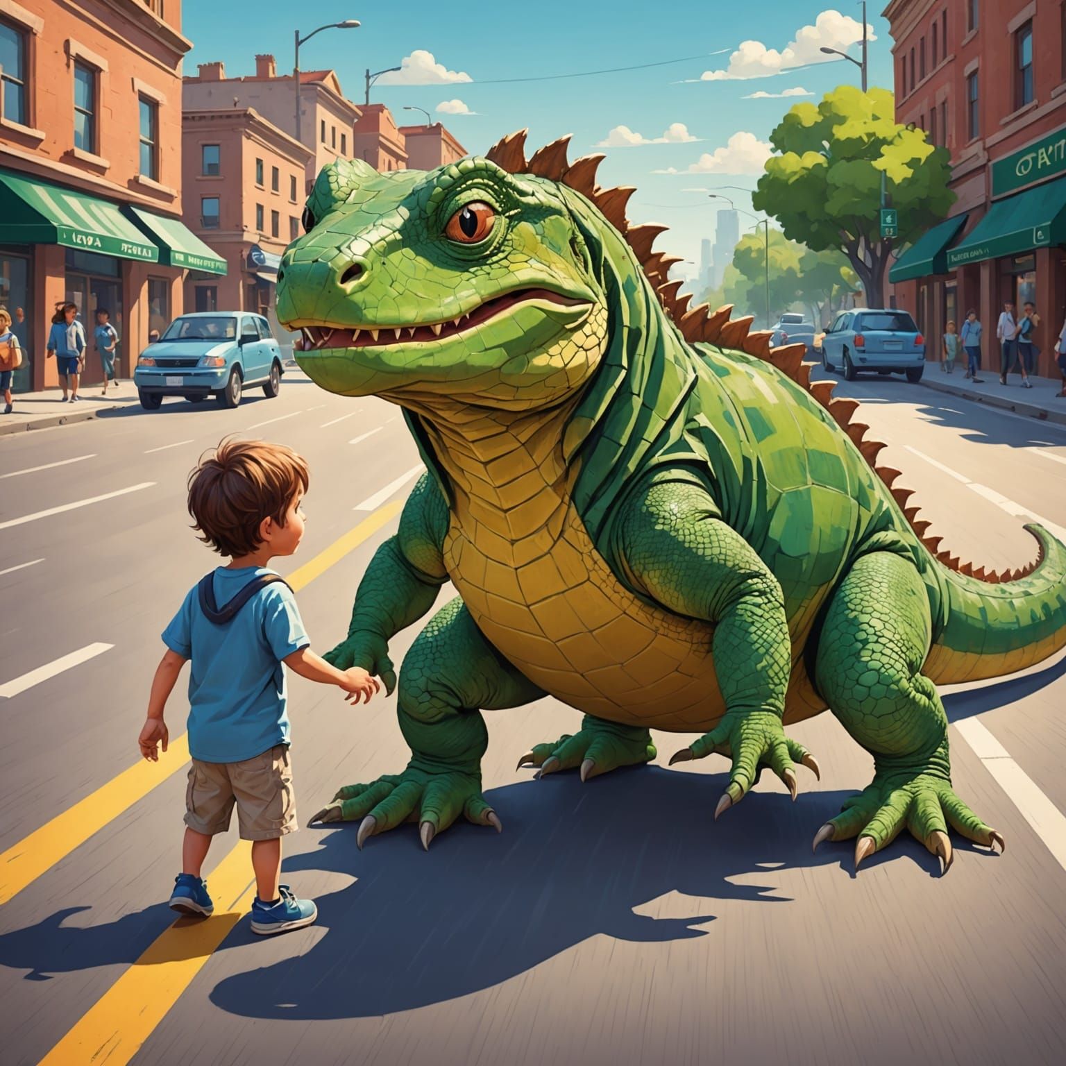 Giant Lizard Helping Boy Cross the Road