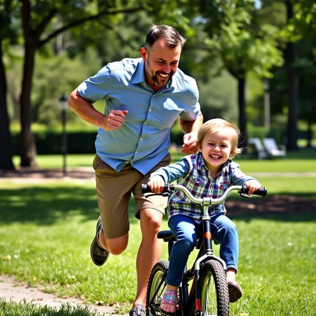 Father Teaches Child to Ride Bike in Sunny Park