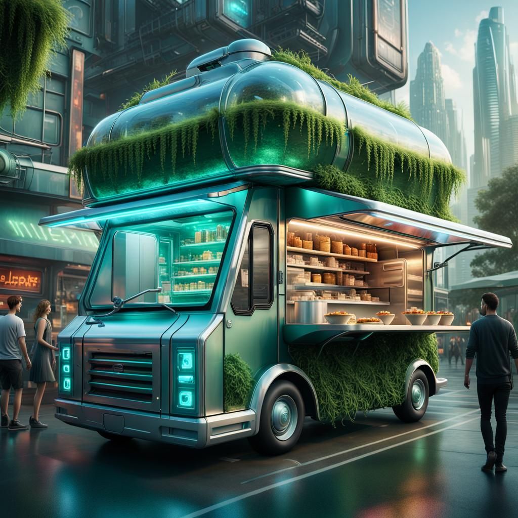 Futuristic Levitating Food Truck in Utopian City
