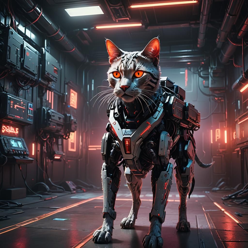 Cyberpunk Cat Drone with Machine Guns