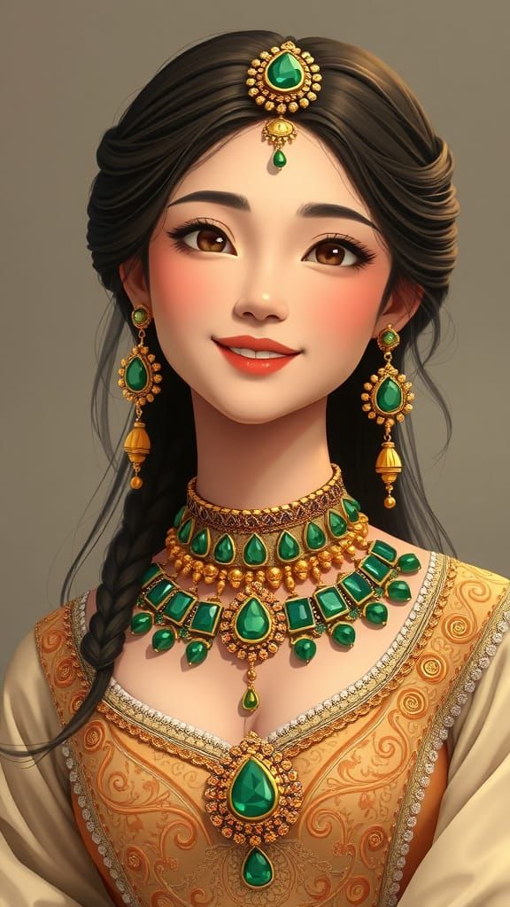 Anime-Style Woman with Gold and Emerald Jewelry