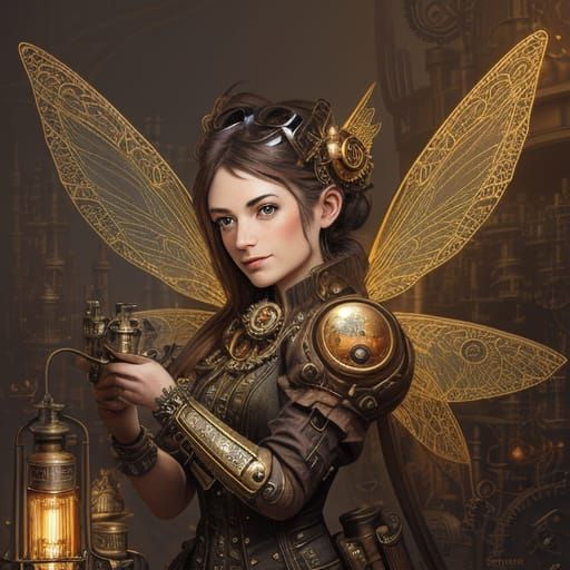 Tinker Fairy at Steampunk Engine in Detailed Digital Matte P...