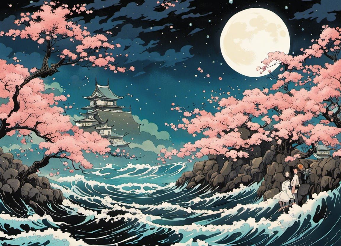Magic Sea Cherry Blossoms in Anime Style