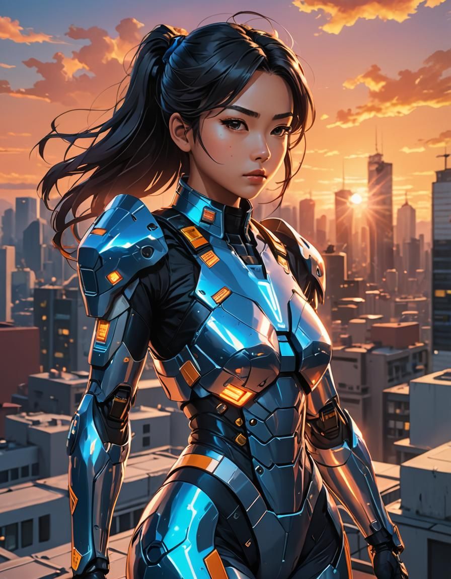 Anime Officer with Exo Suit on City Rooftop