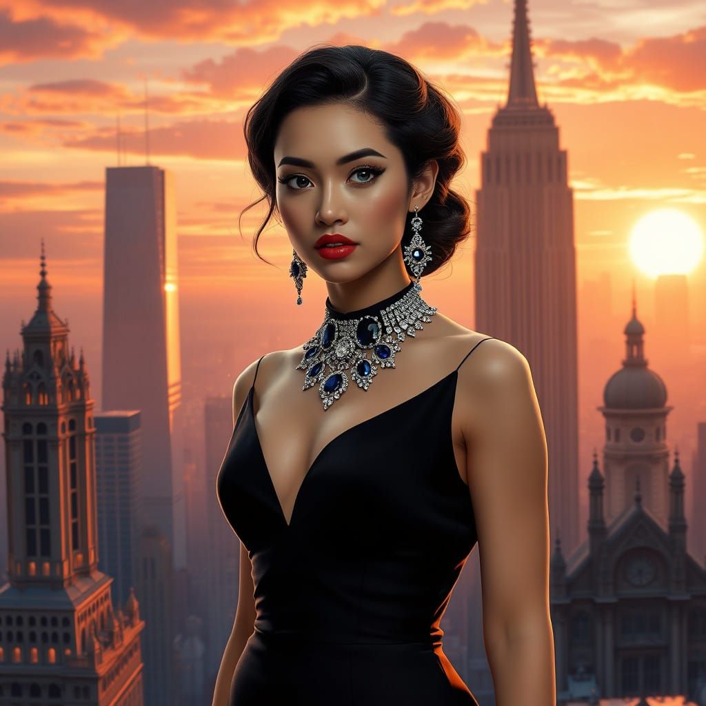 Glamorous Nighttime Cityscape Goddess in High-Fashion Attire