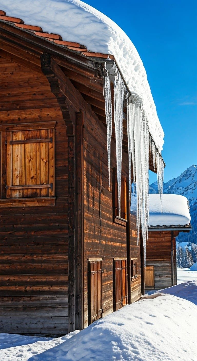 Icicles Hanging from a Chalet in the Swiss Alps