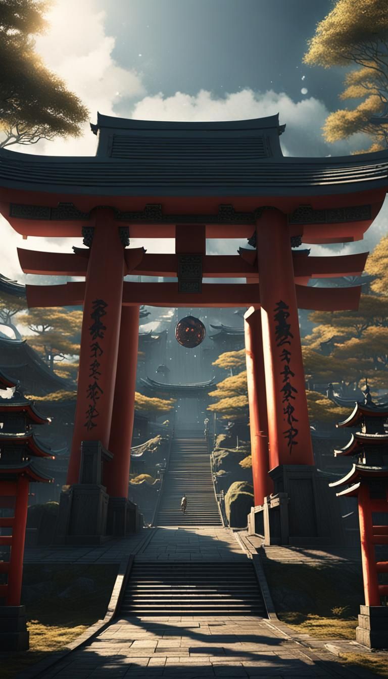 Futuristic Shinto Gateway in Dark Fantasy Style