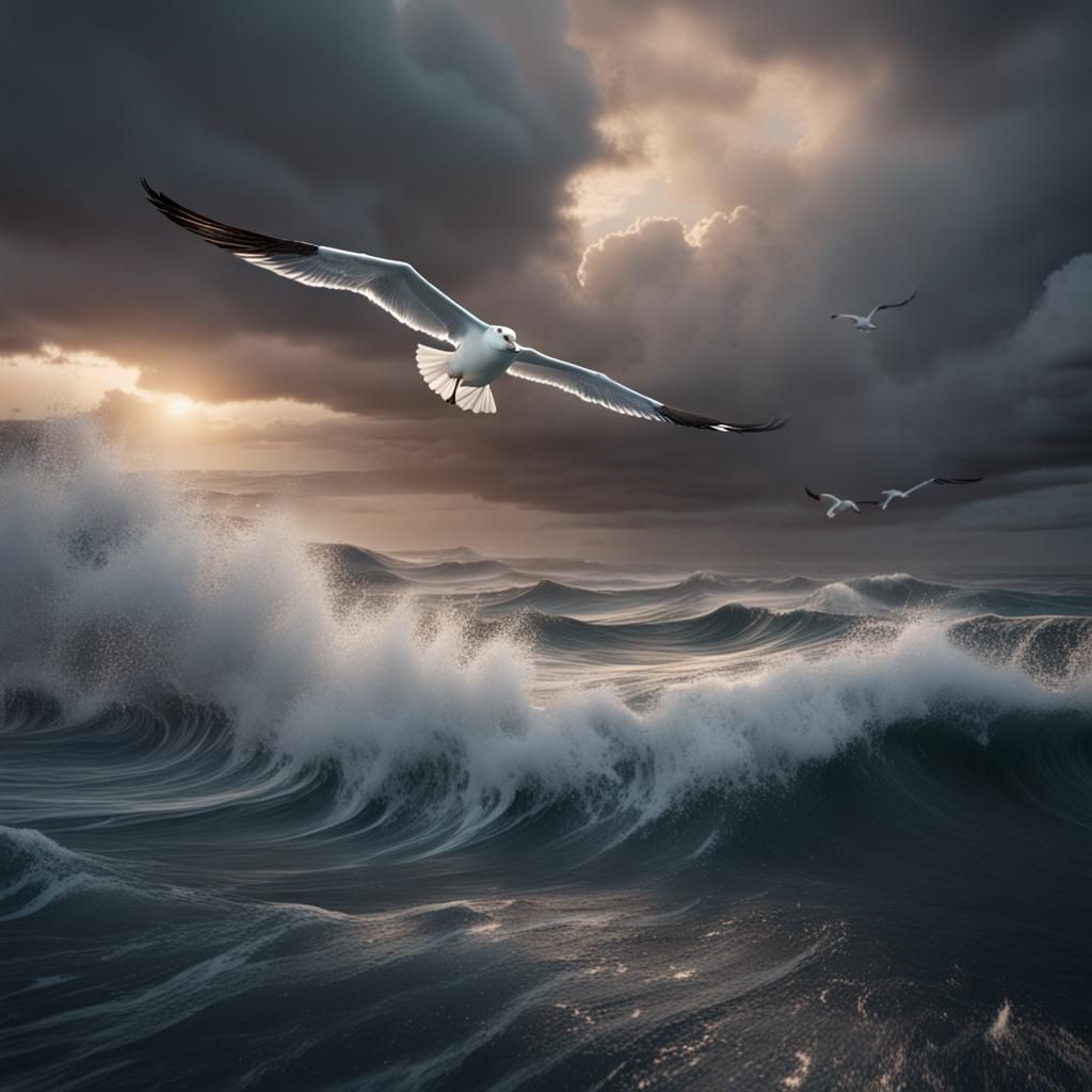Seagull Soaring Above Stormy Ocean: Fantasy Art