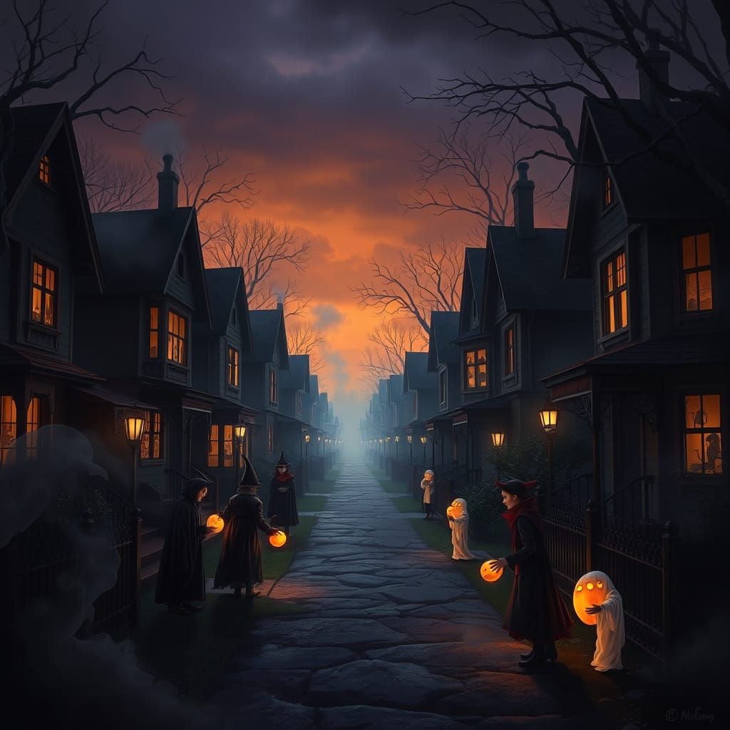 Spooky Halloween Night with Haunted Houses and Eerie Costume...