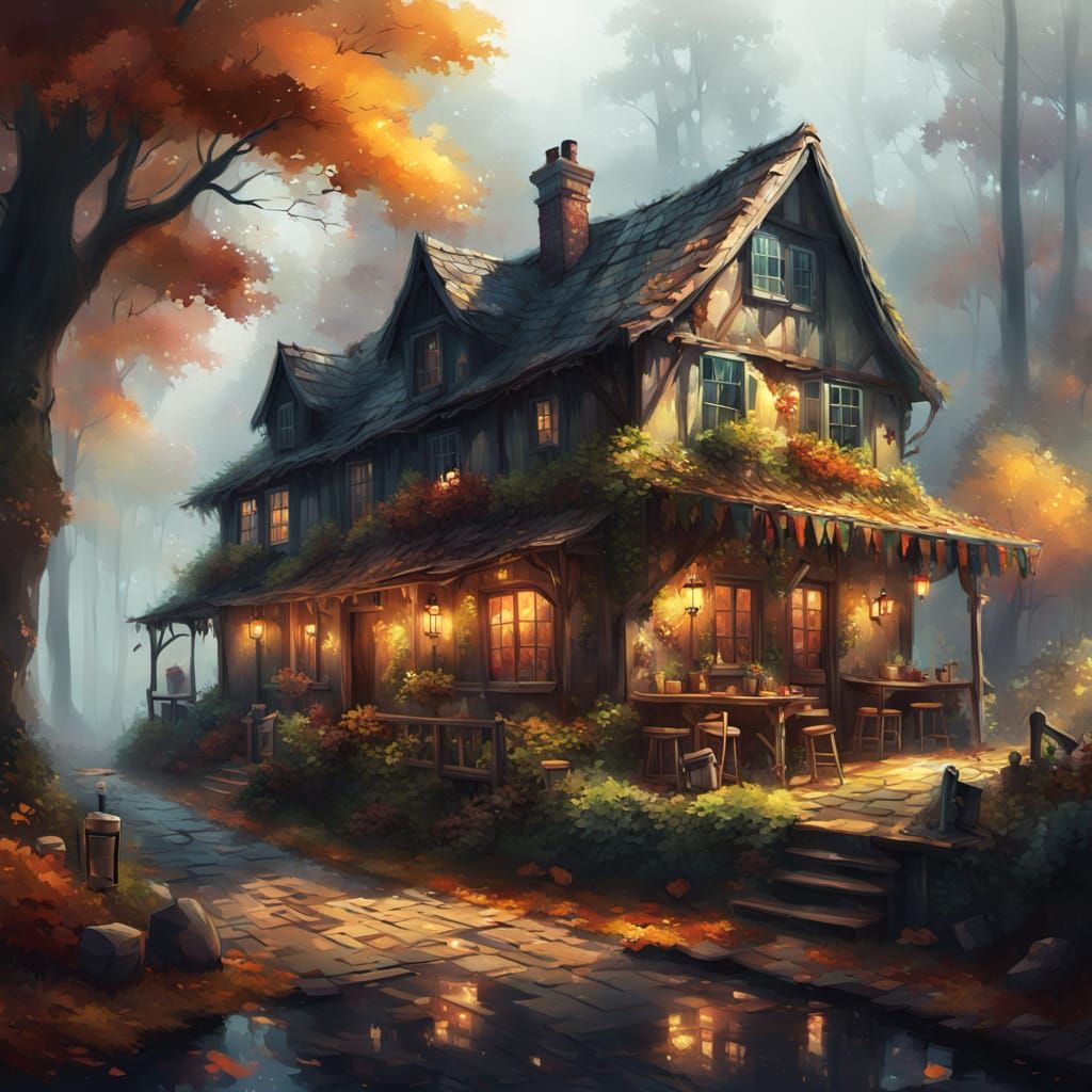 Quaint Tavern in Autumn Woods: Digital Cottagecore Painting