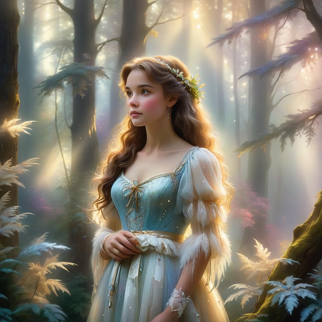 Enchanting Maiden in Mystical Forest, Soft Focus Oil Paintin...
