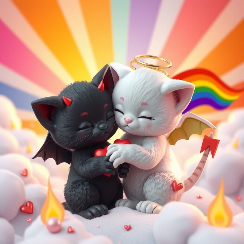 Gay Kittens as God and Devil in Cartoon Style