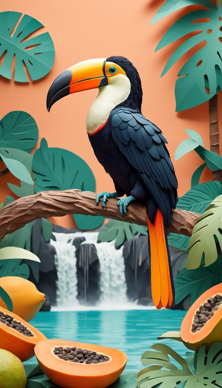 Pastel Toucan in Papaya Tree: 3D Papercraft Art